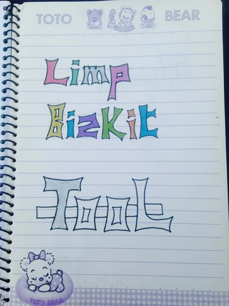 A page from Alissa Turney’s notebook featuring colorful drawings of the band names “Limp Bizkit” and “Tool.”