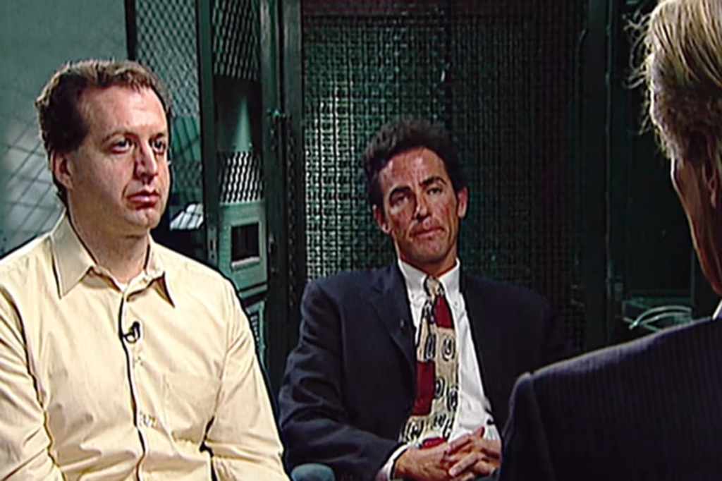 Victor Paleologus, flanked by his defense attorney, speaks to reporters in 2005, a year before pleading guilty to the murder of Kristi Johnson. Photo: Dateline/NBC.