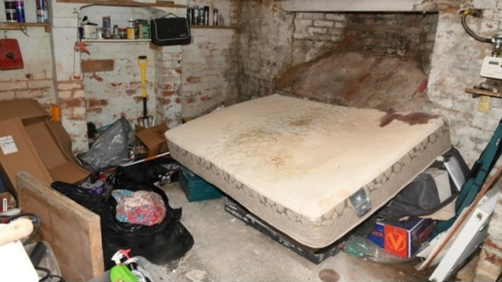 A mattress recovered from Fiona Beal's cellar, March 2022. Credit: Northamptonshire police/PA.