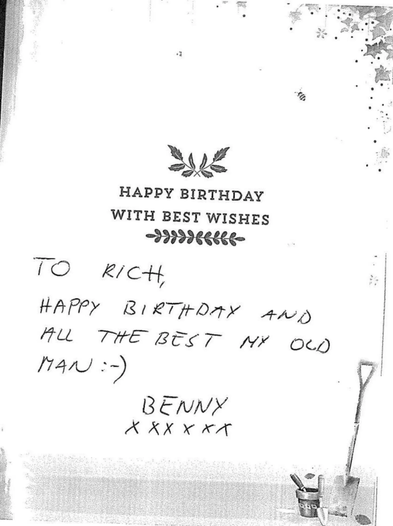 How Marcin Majerkiewicz Murdered His Housemate Stuart Everett, Dismembered His Body, and Spent Weeks Pretending to Be Him 5 A handwritten birthday card sent by Marcin Majerkiewicz to Stuart Everett's brother Richard Ziemacki in March 2024, forged to appear as though it had been written by Stuart. Majerkiewicz's fingerprints were later confirmed on the paper. Greater Manchester Police.