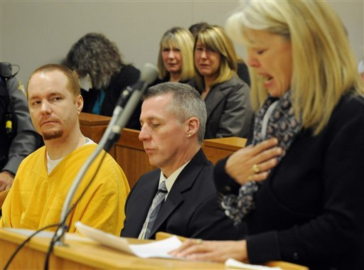 Kenneth Dion, left, sits in Anchorage Superior Court during his October 31, 2011 sentencing hearing as Karen Foster, Bonnie's mother, addresses the court. Dion was sentenced that day to 124 years in prison. Photo: Anchorage Daily News.
