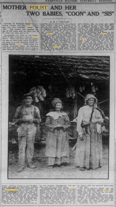 How Mary Foust Lived a Century in the Same Log Cabin and Became America’s Last Pioneer 4 Mother Foust with her children, Christopher "Coon" Foust and Mary "Sis" Foust, Foust Hollow, Anderson County, Tennessee, c. 1910. Even in their fifties, Foust still called them her babies. None of the three had ever been sick a day in their lives, or so she claimed.