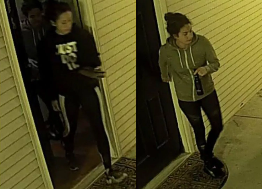 Stephanie Mayorga and Paige Escalera Disappeared in Seconds. Their Car Sat in the Woods for Nineteen Days. 2 Surveillance footage from a neighbour's camera captured Stephanie Mayorga (left) and Paige Escalera (right) leaving their South Kerr Avenue apartment on the night of April 15, 2020. It was the last known image of either woman alive.