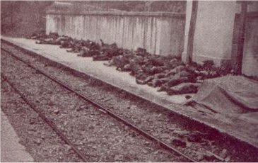 Public domain photograph, Balvano-Ricigliano station, March 3, 1944. Bodies recovered from the Armi Tunnel were laid out along this platform before burial in unmarked mass graves at the Balvano cemetery.