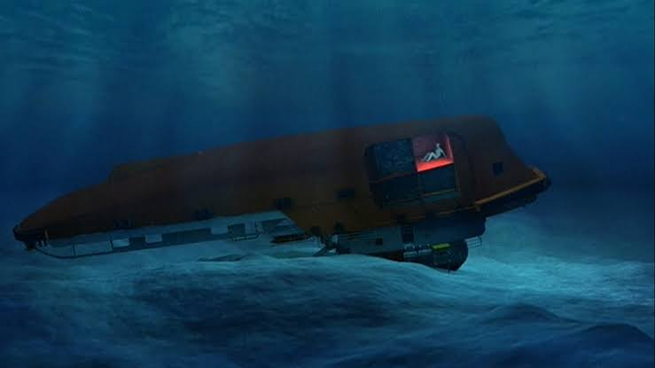 An illustration showing the Jascon-4 resting on the Atlantic seabed, with Harrison Okene visible inside the hull, surviving in a small pocket of trapped air 100 feet below the surface. Nigeria, May 2013.