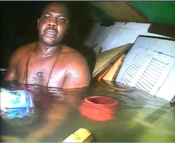 The moment diver Nico van Heerden found Harrison Okene alive inside the sunken Jascon-4, captured on helmet camera footage. Okene had been standing in a shrinking air pocket for nearly 60 hours when this image was taken. Atlantic Ocean, May 28, 2013.