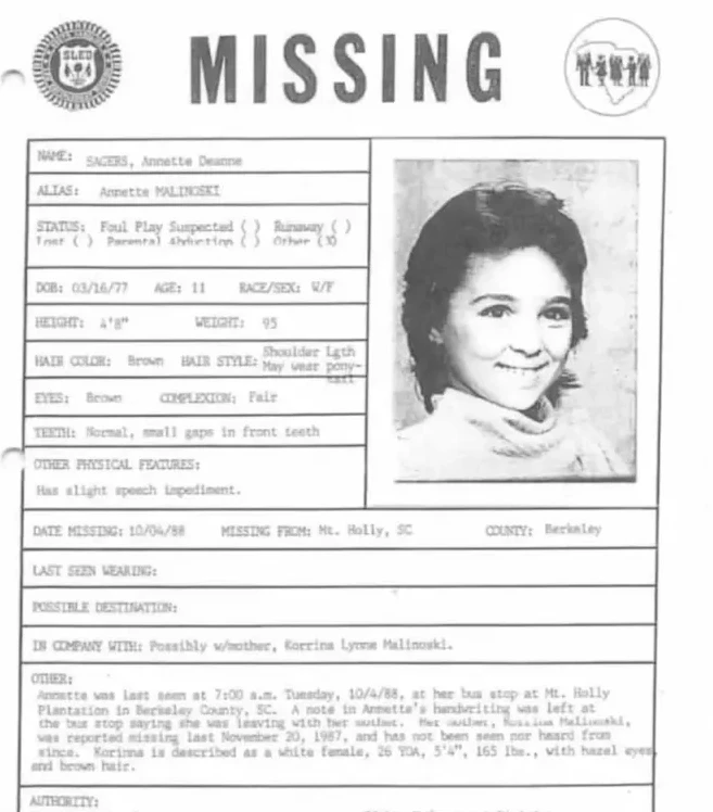 Korrina Malinoski Vanished in 1987. Her Daughter Annette Disappeared from the Same Spot a Year Later. 4 Annette Sagers
